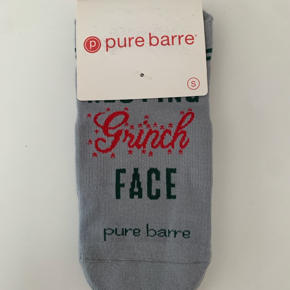 Pure Barre Gray Holiday Grip Socks with “Resting Grinch Face” Design [Small]